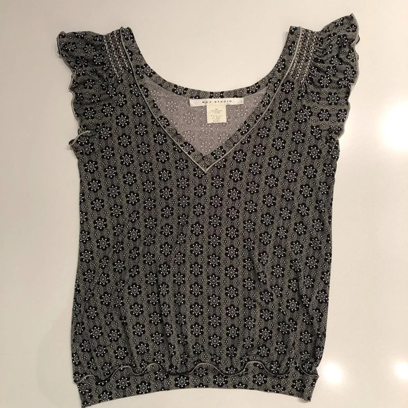 Max Studio Cap Sleeve V Neck Pattern Print Top in Grey Black Green Gold Size XS - Picture 1 of 10